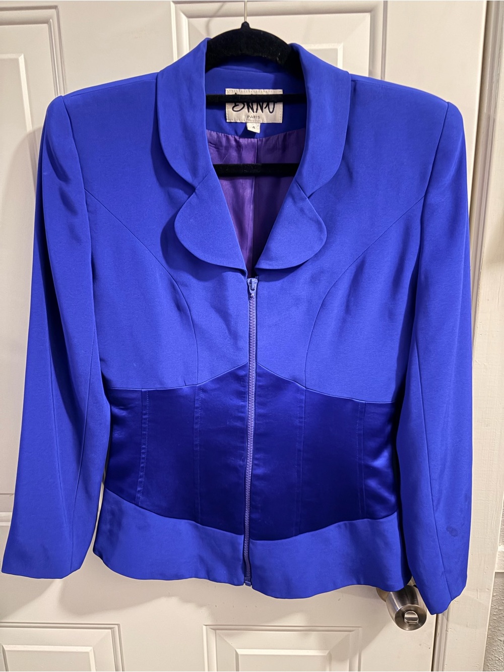 Banu Paris Royal Blue Satin-Accent Zip Blazer- Size 4